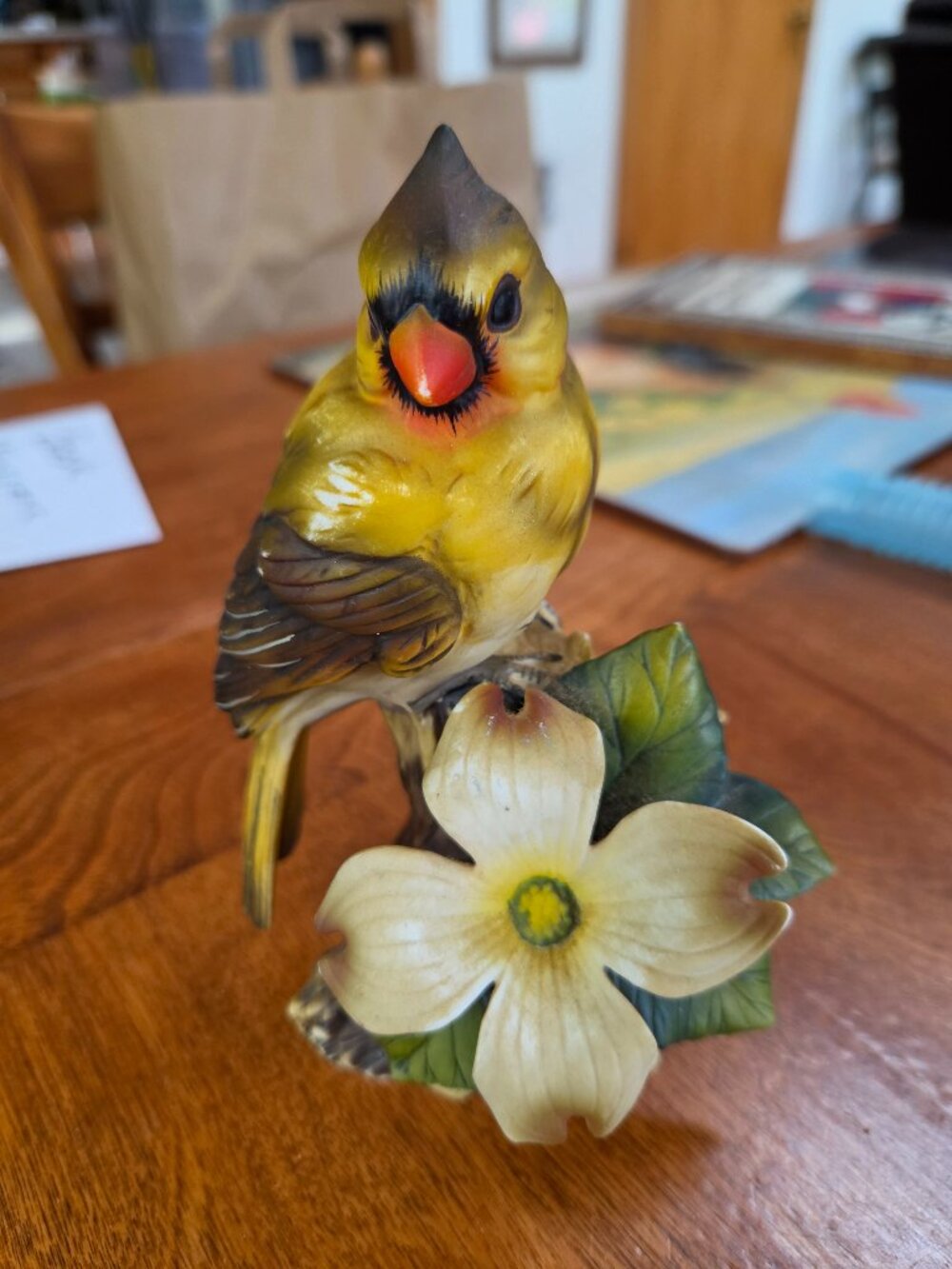 vintage hand painted ceramic female cardinal perched on branch with flower 6 in